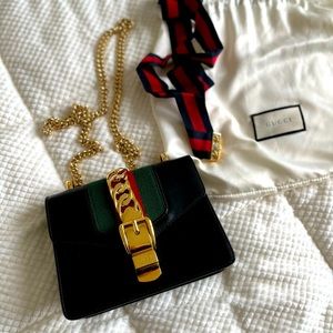 GUCCI Calfskin Mini Sylvie Chain Shoulder Bag Black